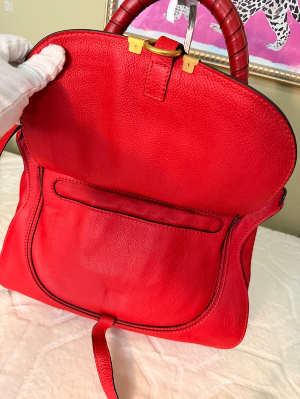 Chloe Red Pebbled Leather Medium Marcie Satchel with Gold Hardware - Picture 3 of 16